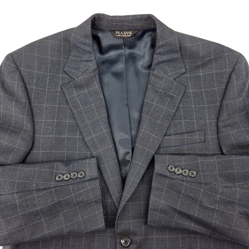 JOS‎ A BANK 42L Wool Silk Blend Windowpane Check Navy Blue Blazer Suit Jacket